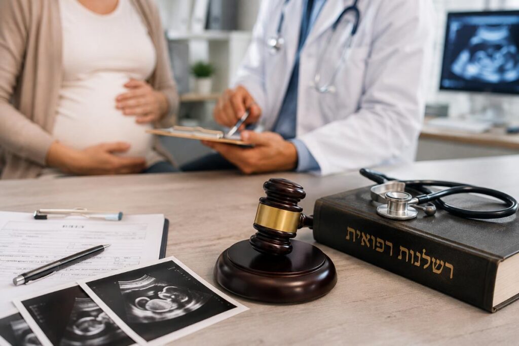 רופא נשים בוחן הדמיית אולטרסאונד של עובר במרפאה